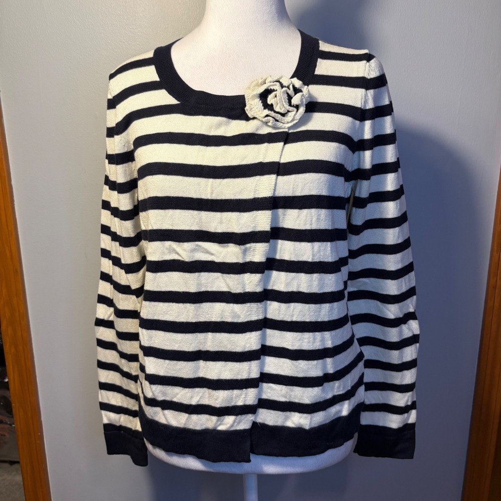 Boden nautical Stripe Cotton Cardigan Navy Ivory Flower‎ Detail preppy size 12